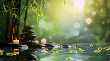 A calming image of stacked zen stones and candles with bamboo, all beautifully reflecting in still water