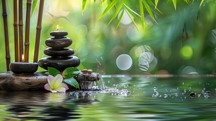 An enticing image depicting candles lighting a pile of stones by a gentle cascade, evoking a sense of tranquility and natural spa atmosphere