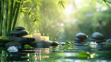 A serene image depicting bamboo, smooth stones, and water creating a peaceful, natural environment perfect for relaxation and reflection