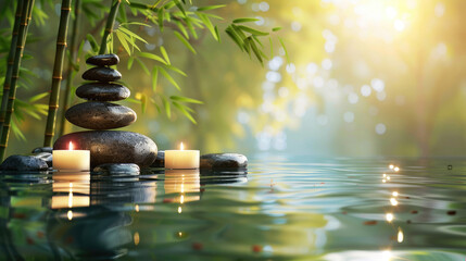 Obraz premium A captivating image displaying a stack of Zen stones by a water's surface illuminated by candles, embodying a peaceful and meditative essence