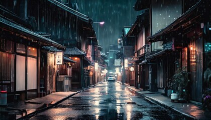 ai generated ai generative traditional japanese city town walking street night life in rain time...