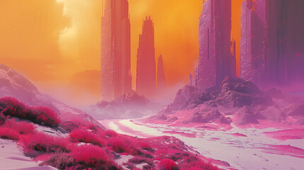 Alien landscape with neon pink flora and towering structures