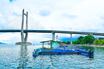 Floating net cages for marine fish farming, in Ambon Bay, Indonesia