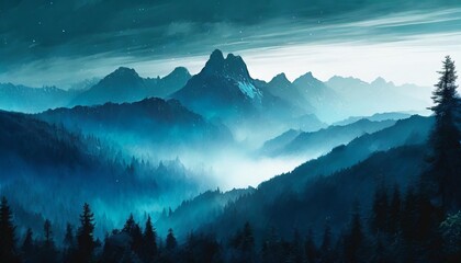 vector nature landscape with blue silhouettes of mountains and forest
