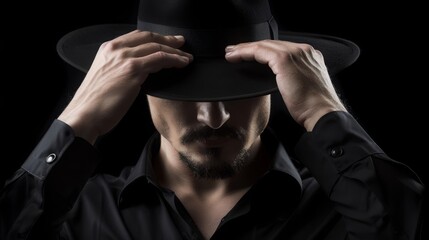 Male with goatee wearing black shirt touching his fedora hat tipped over eyes, dark background - obrazy, fototapety, plakaty