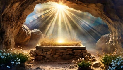 biblical scene of resurrection of jesus christ tomb empty with sun rayes easter