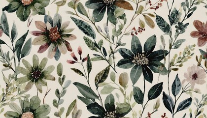 watercolor floral seamless pattern in vintage rustic style colored garden illustration on ivory...