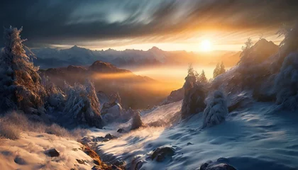 Zelfklevend Fotobehang Mistige ochtendstond winter landscape with sunrise