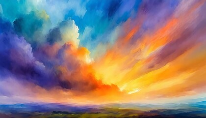 Fototapeta na wymiar watercolor background sunset sky with puffy clouds painted in colorful skyscape with texture cloudy easter sunrise or colorful sunset in abstract illustration