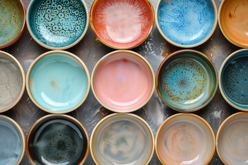 Colorful ceramic bowls creating a pattern. Background image. Created with Generative AI technology.
