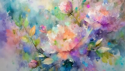 an abstract floral watercolor background with soft pastels of blush and muted greens creating a...
