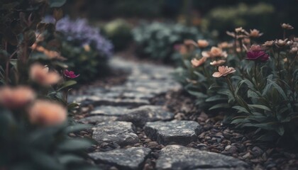 background of stones cozy garden with paved path and colorful flowers