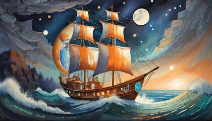 Naklejka premium cute fox pirate transports the moon ship and anhor watercolor postcard decor for a children s room