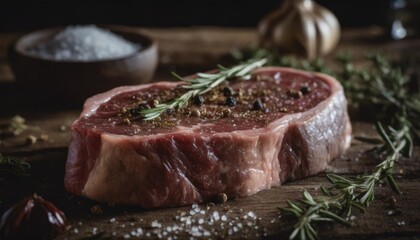 a close up view of a raw ribeye steak with various seasonings displayed on a dark wooden background