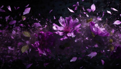 overlay of flying purple flowers and petals floral frame isolated