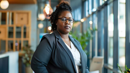 Obraz premium A young African-American successful woman in a business black suit and white shirt stands against the background of a business center or office