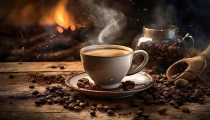 Foto op Plexiglas cup of hot coffee on an old wooden table © Robert