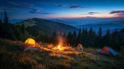 Mountain campsite under starry night sky, camping adventure. Breathtaking night scenery, camping trip in the wilderness. - obrazy, fototapety, plakaty