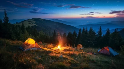 Fotobehang Mountain campsite under starry night sky, camping adventure. Breathtaking night scenery, camping trip in the wilderness. © UMPH.CREATIVE