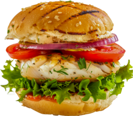 Fish fillet sandwich with fresh lettuce and cheese cut out png on transparent background