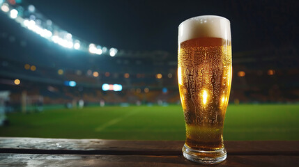Beer mug stands against the backdrop of a football stadium