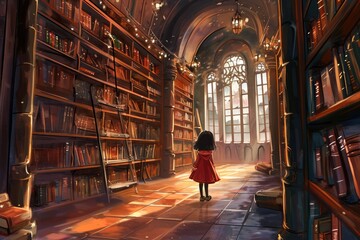 A  library seen, A vast library seen through a child's astonished eyes Ai generated