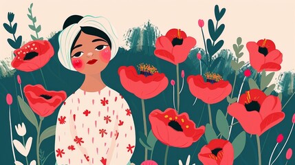 mental health, happy girl minimalistic flat illustration of celebrate Earth Day, breathing, happiness, relax,therapy, self love	