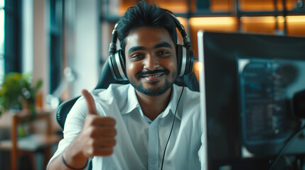 Fototapeta premium A man in his office setting, conveying approval with a thumbs-up gesture