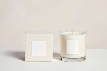 A blank white label on the front of an elegant glass candle jar and next to it is its packaging box, objects set against a neutral background for branding presentation.