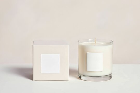 A blank white label on the front of an elegant glass candle jar and next to it is its packaging box, objects set against a neutral background for branding presentation.