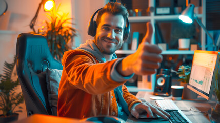 A man seated at his desk, flashing a thumbs-up sign with enthusiasm, adorned with headphones