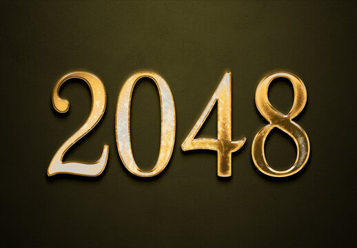 Old gold effect of 2048 number with 3D glossy style Mockup.	