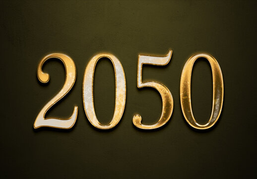 Old gold effect of 2050 number with 3D glossy style Mockup.	