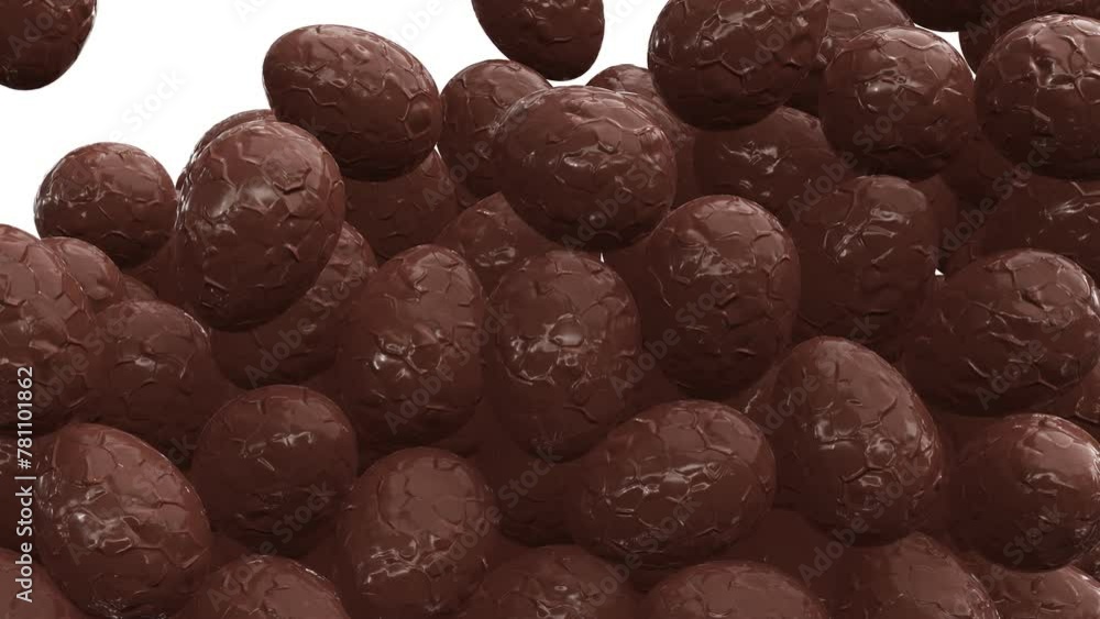 Poster realistic looping 3d animation of the textured milk chocolate eggs falling from the top filling up t