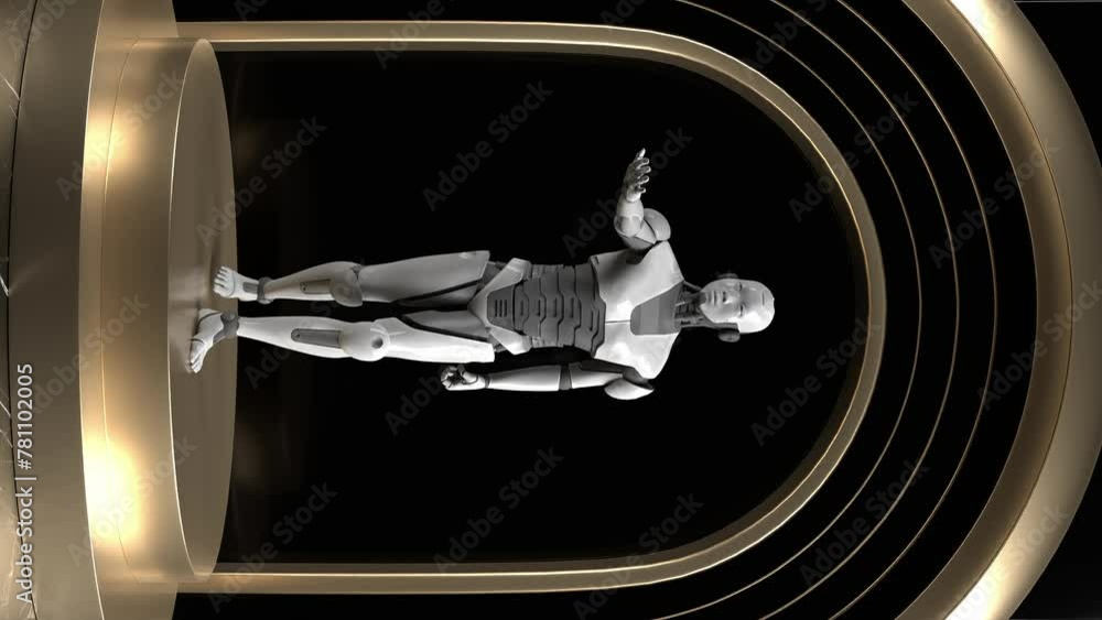 Poster robot prototype in a showcase for future technologies, vertical 3d render with black background