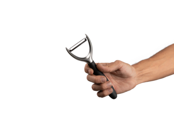 Black male hand holding a potato peeler isolated no background