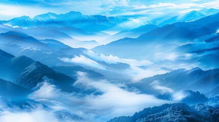 Beautiful wallpaper shades of blue in the blue mountains. Sunset landscape, , fog over mountain peaks.