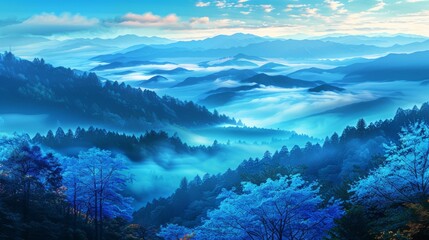 Beautiful wallpaper shades of blue in the blue mountains. Landscape, fog over mountain peaks