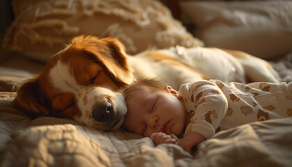 Obraz premium Newborn baby girl and cute puppy asleep on a white blanket sheets. Baby and pet dog sleeping together. Cozy family