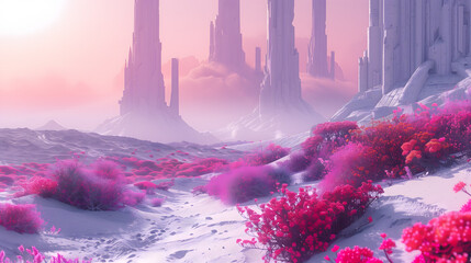 Fantasy landscape with pink foliage and crystalline structures - obrazy, fototapety, plakaty