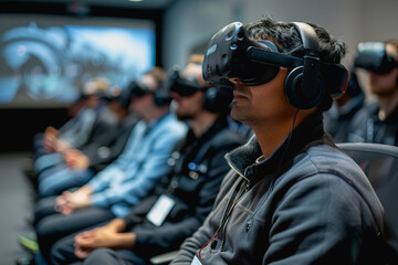 virtual reality conference room, participants wearing VR headsets to conferences