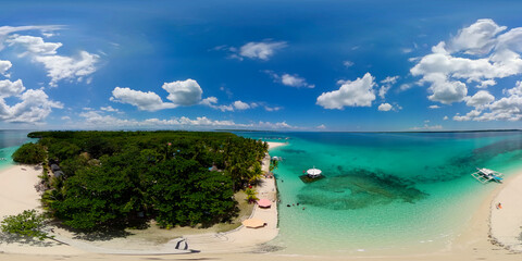 Sandy beach on a tropical island with palm trees. Virgin island, Philippines. 360 panorama VR.