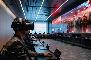 virtual reality conference room, participants wearing VR headsets to conferences