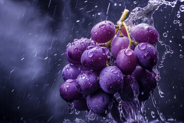 A bunch of ripe purple grapes, with water droplets. Generative aI. G001