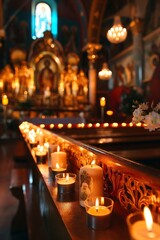 Interior view of an Orthodox church is depicted. The scene includes multiple candles, lit and providing a gentle illumination that reflects off both the benches and the richly decorated surroundings