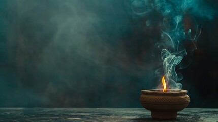 clay lamp, known as a diya, with a lit flame placed on a wooden surface and settled on a purple mat or cloth. This creates a serene and atmospheric environment where the warm glow of the diya - obrazy, fototapety, plakaty