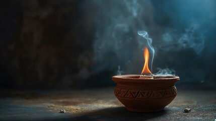 clay lamp, known as a diya, with a lit flame placed on a wooden surface and settled on a purple mat or cloth. This creates a serene and atmospheric environment where the warm glow of the diya - obrazy, fototapety, plakaty