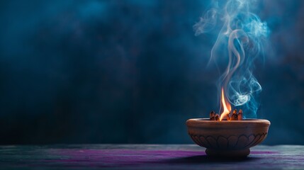 clay lamp, known as a diya, with a lit flame placed on a wooden surface and settled on a purple mat or cloth. This creates a serene and atmospheric environment where the warm glow of the diya