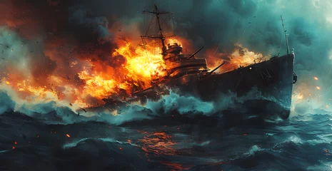 Foto auf Leinwand old ship on hot fire sinking on ocean in bad weather, photorealistic surrealism,  violent and major sea storm, fire and smoke Soaring to the sky, Rough sea,High waves, smoke, clouds © YOUCEF