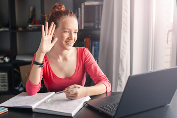 Teen girl Student doing homework on Laptop at home - 781102852